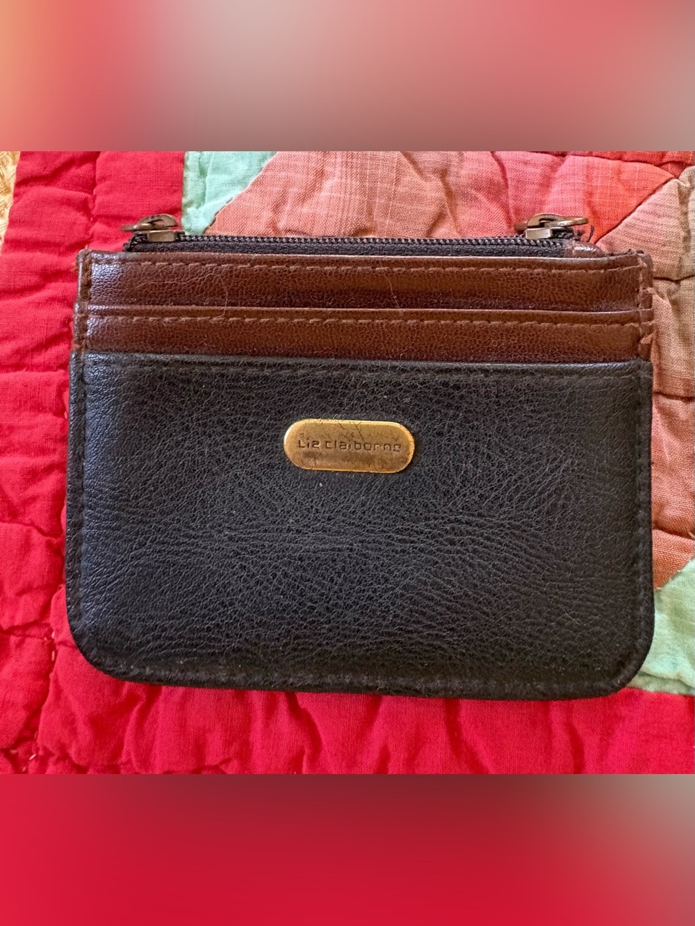Liz Claiborne Black and Brown Leather Card Zip Wallet